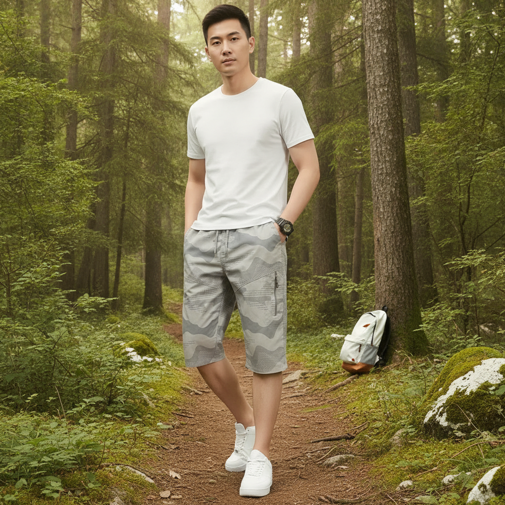 A diverse man in CARGONIX washed camouflage shorts with dual zippers and drawstring, standing outdoors in a natural setting.