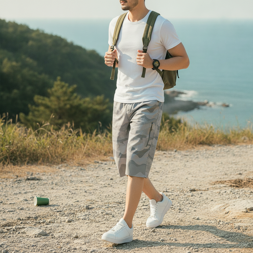 A man wearing CARGONIX camouflage shorts with dual zippers and a drawstring waist, actively moving outdoors in a natural, edi