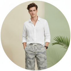 Circular portrait of Liam Thorne, a young man with a confident expression, wearing CARGONIX washed camouflage shorts.