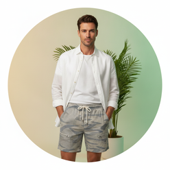 Circular portrait of influencer Ben Holloway, wearing CARGONIX shorts with washed camouflage and dual zippers, looking confid