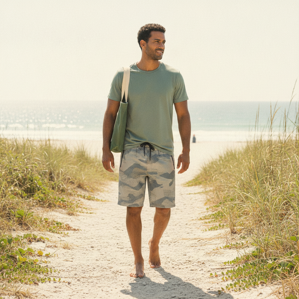 A man wearing "CARGONIX" camouflage shorts with dual zippers and a drawstring waist, walking outdoors on a sunny day. He is s