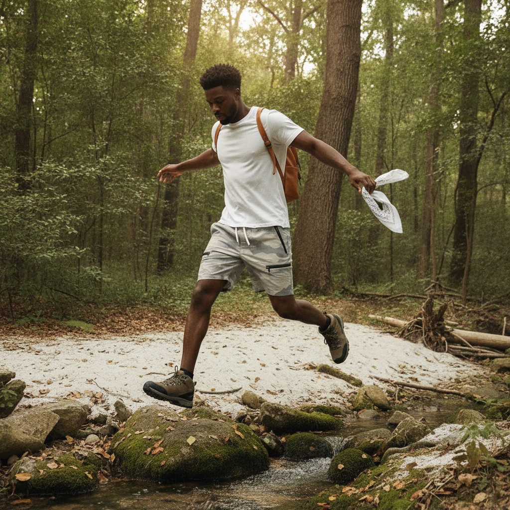 A diverse male model wearing CARGONIX camouflage shorts, walking through a natural, rugged outdoor setting with green foliage