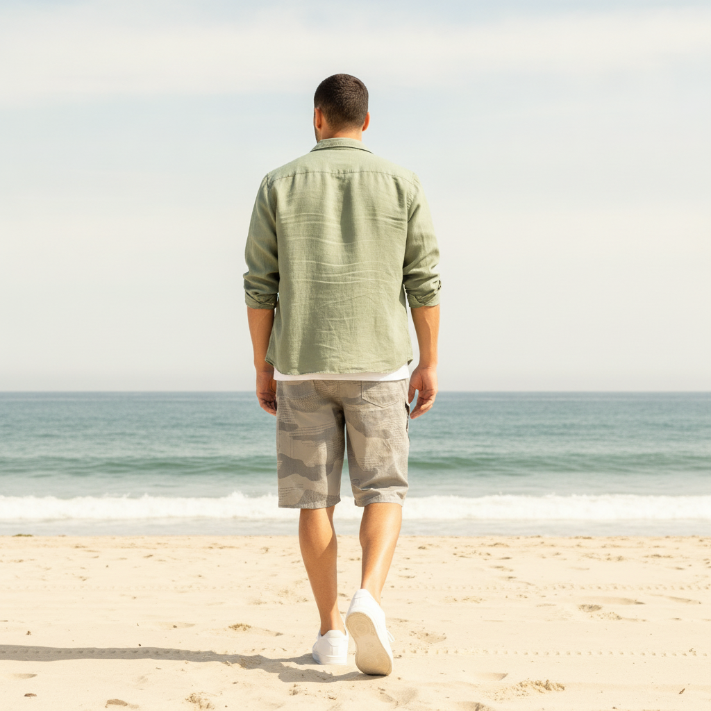 A man wearing "CARGONIX" camouflage shorts walks on a sandy beach, looking at the ocean under a clear sky. The shorts feature