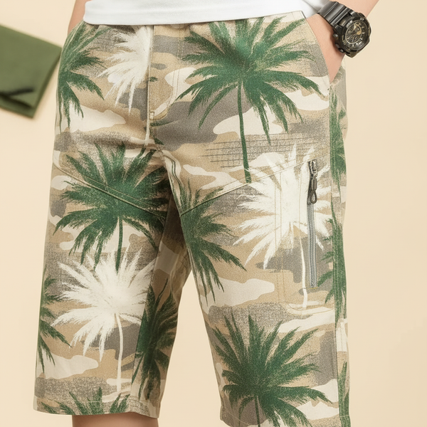 Close-up of "CARGONIX" shorts fabric, showing a sharp, vibrant palm motif print and subtle washed camouflage finish.