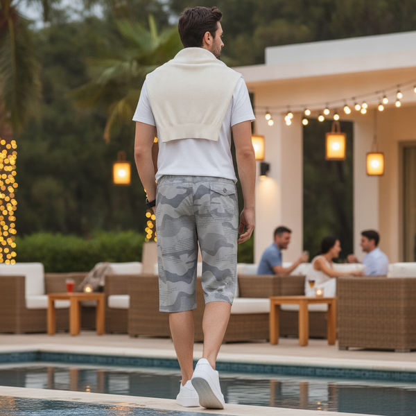 Man in CARGONIX washed camouflage shorts with dual zippers, walking from a pool to an evening social event. He carries a ligh